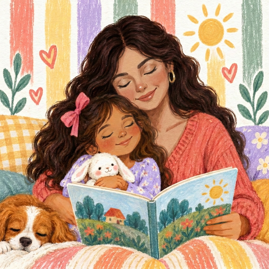 Hand-painted illustration of a Latina mother and daughter sharing a Spanish storybook